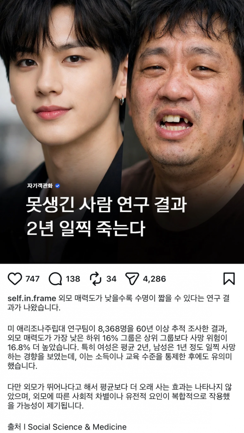 못생긴 사람 수명이 더 짧다는 연구결과