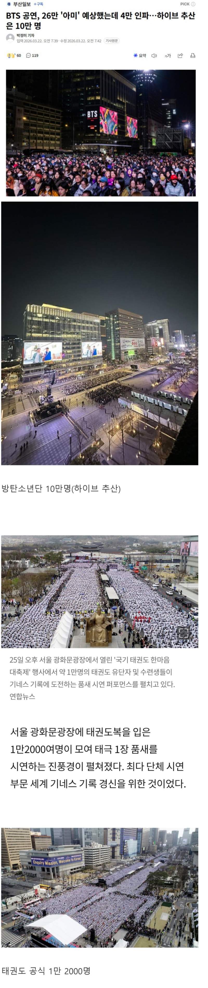 광화문광장 방탄소년단 10만명 vs 태권도 1만 2000명.jpg