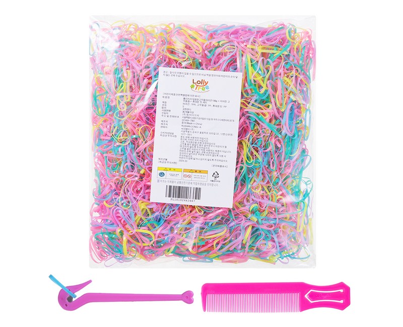 롤리트리 여아용 대용량 고무줄 머리끈 100g + 이지컷 고무줄 칼 + 휴대용 빗 세트