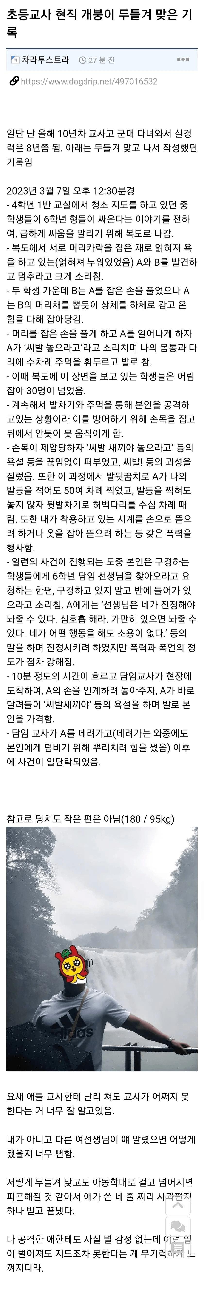 초딩한테 두들겨 맞은 180cm 95kg 남교사