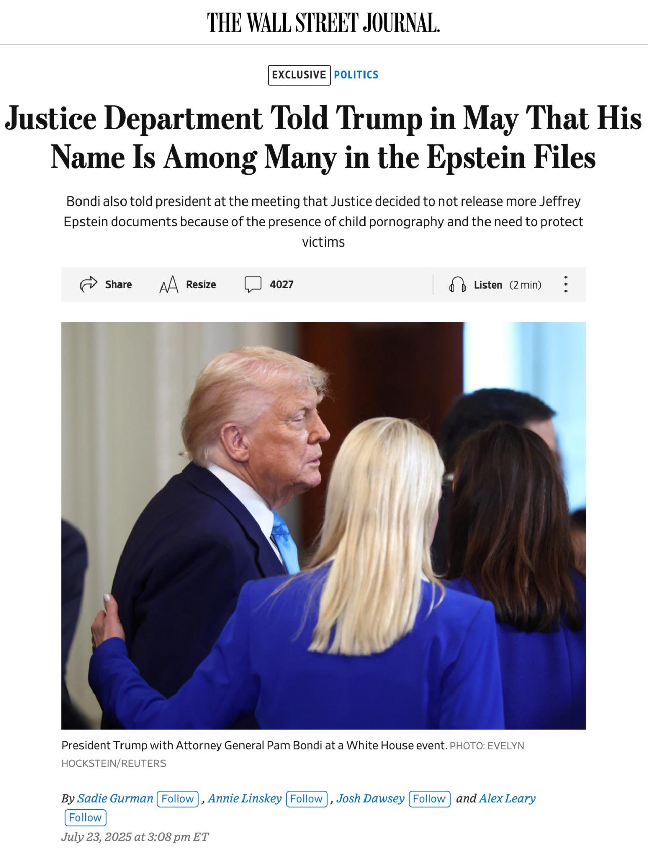 [단독]WSJ, '미 법무부, 엡스타인 파일에 트럼프 이름이 다수 포함되어 있다'