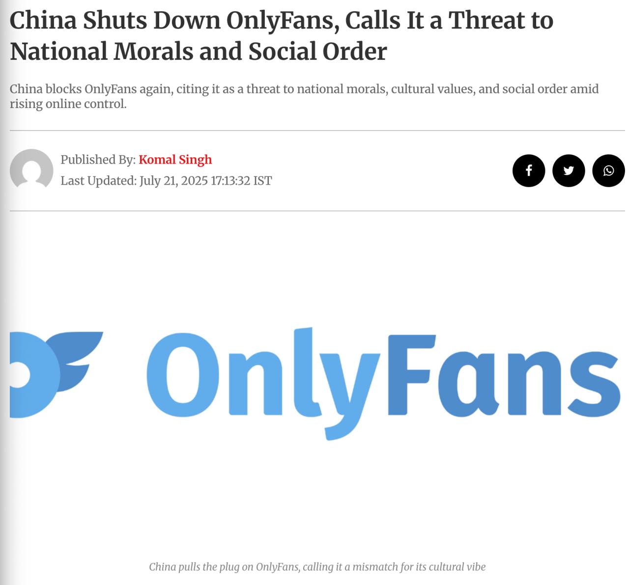 중국, OnlyFans 전면 차단.