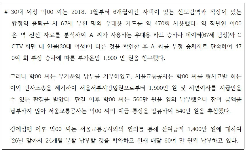 서울교통공사가 승소한 부정승차 역대 최고액