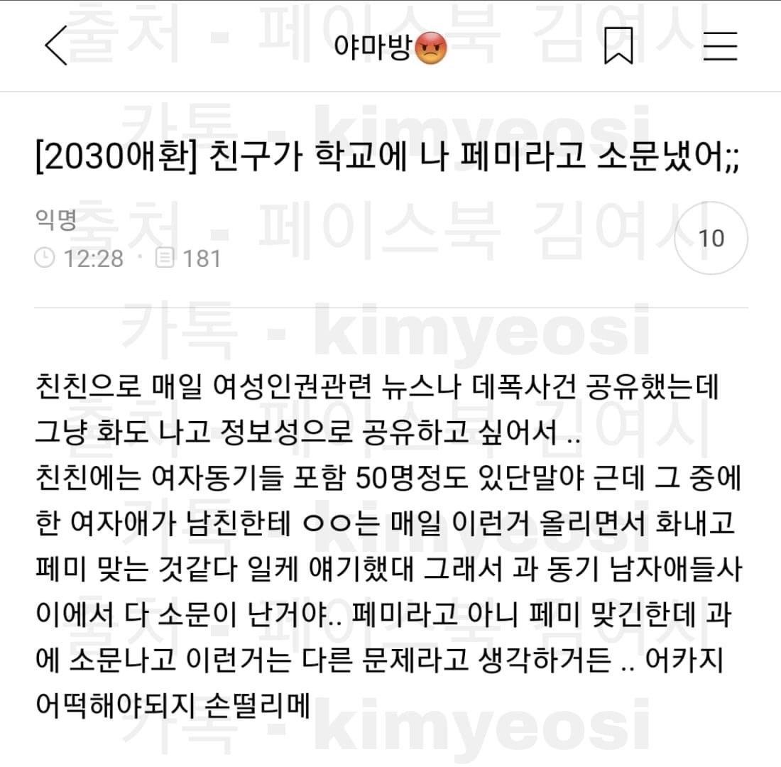 친구때문에 학교에서 페미로 소문나버린 여시