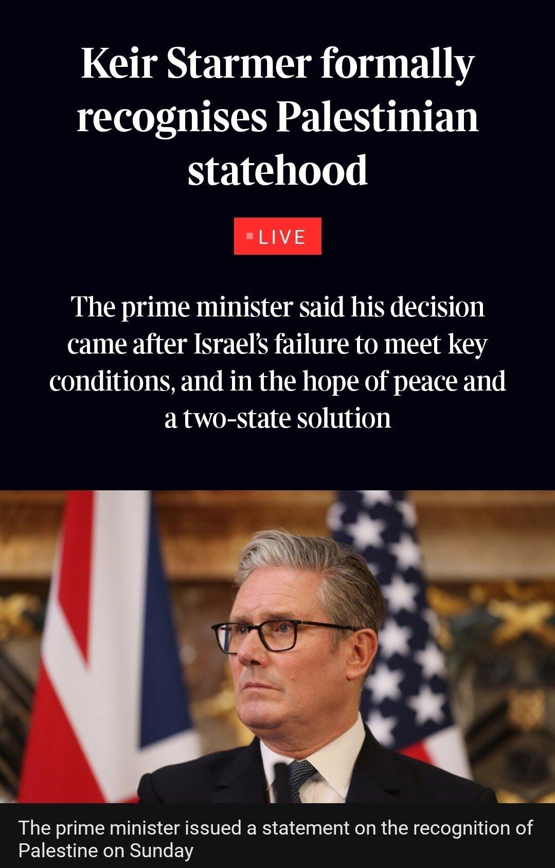 속보) 영국 팔레스타인 공식 국가로 인정하기로