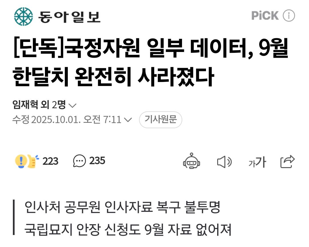 [단독]국정자원 일부 데이터, 9월 한달치 완전히 사라졌다