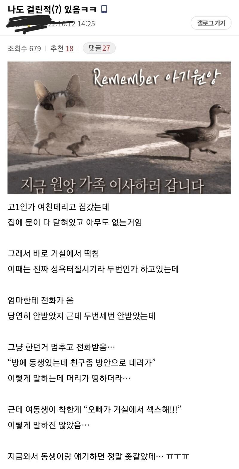 고딩여친이랑 ㅍㅍㅅㅅ하다 여동생한테 들킨 썰