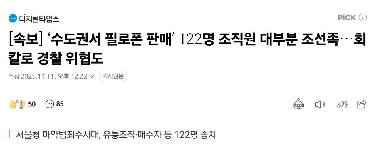 [속보] ‘수도권서 필로폰 판매’ 122명 조직원 대부분 조선족…회칼로 경찰 위협도