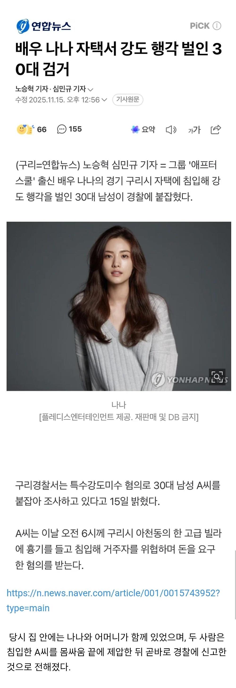 배우 나나 자택서 강도 행각 벌인 30대 남성 제압