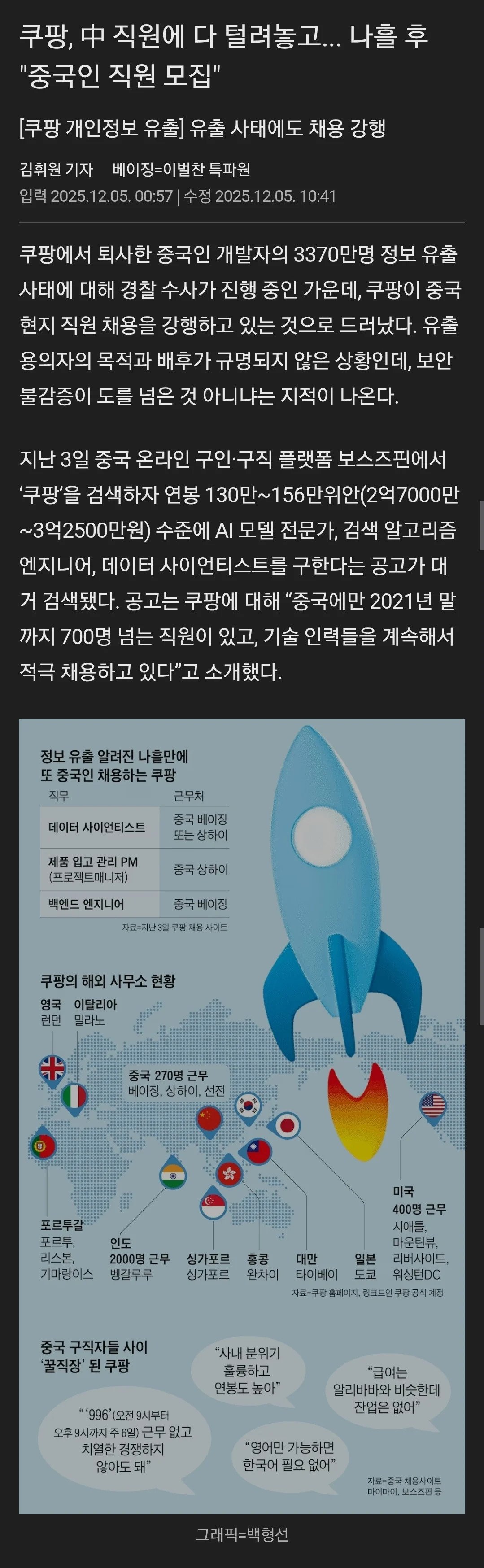 쿠팡, 中 직원에 다 털려놓고... 나흘 후 "중국인 직원 모집"